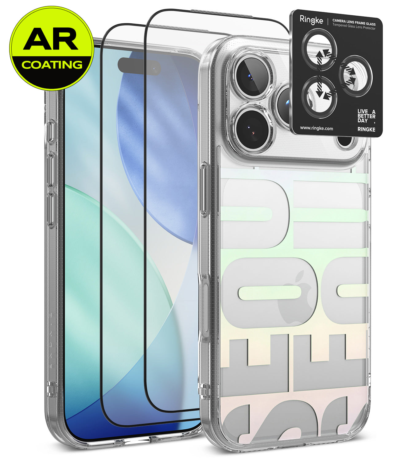 [Bundle] iPhone 18 Pro / Pro Max | Fusion Design + AR Protectors - Clear protective phone case with large gray lettering, shown alongside two black AR-coating lens protectors and a Ringke camera lens protector sticker on a white background.