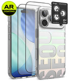 [Bundle] iPhone 18 Pro / Pro Max | Fusion Design + AR Protectors - Clear protective phone case with large gray lettering, shown alongside two black AR-coating lens protectors and a Ringke camera lens protector sticker on a white background.