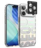 [Bundle] iPhone 18 Pro / Pro Max | Fusion Design + Protectors - A clear protective phone case with large translucent letter cutouts on the back, shown on a smartphone. A black Ringke camera lens protector sticker is shown overlapping the upper right of the case, with the Ringke brand card visible.
