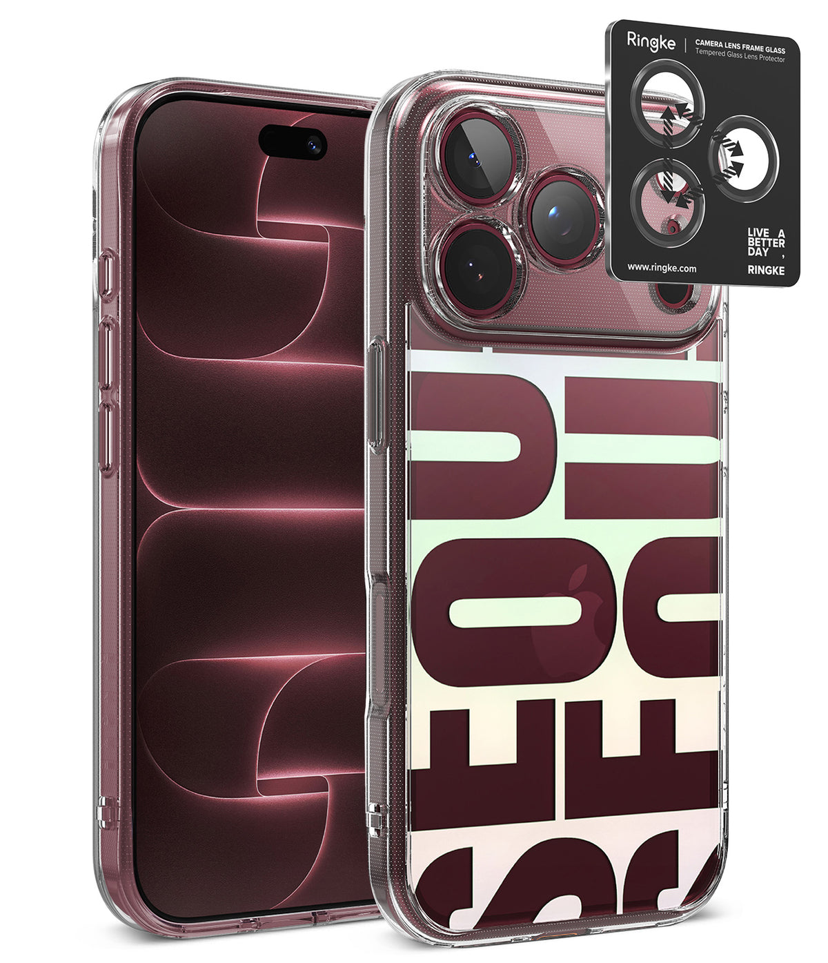 [Bundle] iPhone 18 Pro / Pro Max | Fusion Design + Privacy Protectors - A clear protective phone case with large translucent letter cutouts on the back, shown on a smartphone. A black Ringke camera lens protector sticker is shown overlapping the upper right of the case, with the Ringke brand card visible.