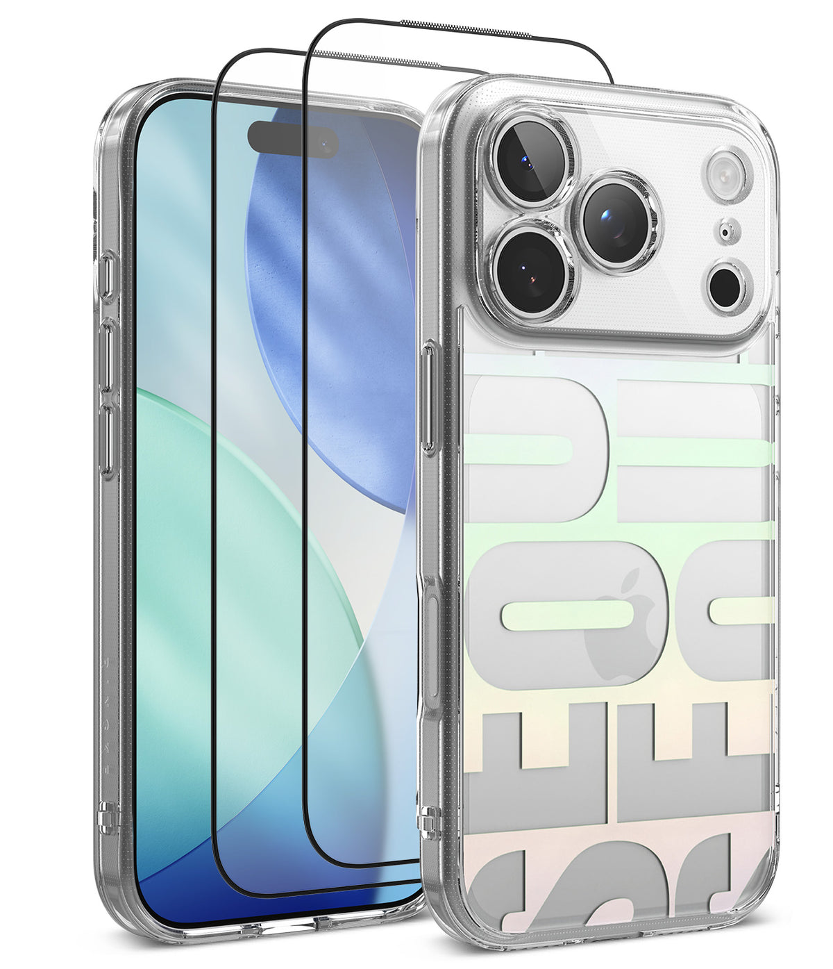 [Bundle] iPhone 18 Pro / Pro Max | Fusion Design + Protectors - A clear protective phone case with a bold pastel graphic print on the back, shown alongside two black tempered glass screen protectors on a white background.
