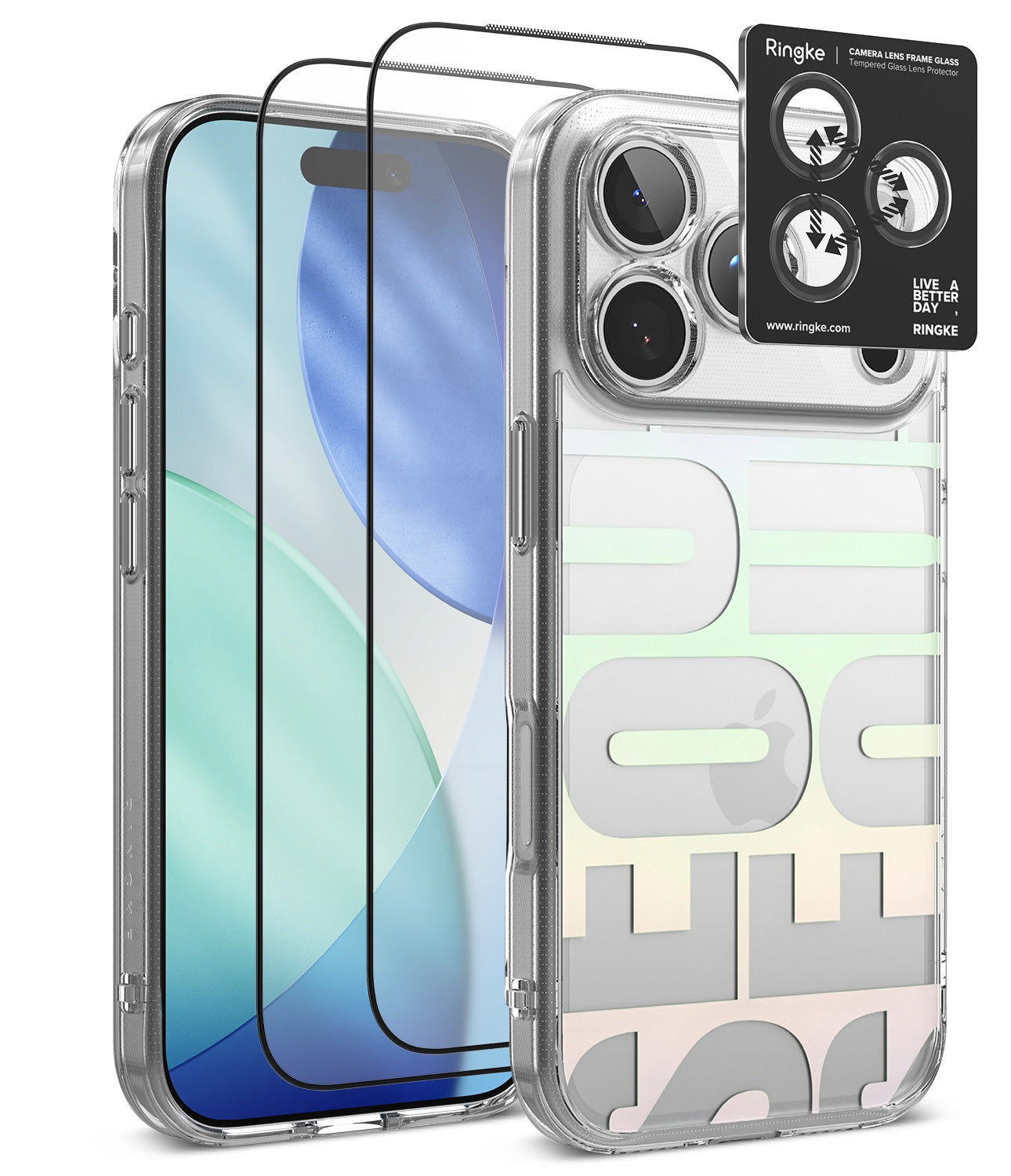 [Bundle] iPhone 18 Pro / Pro Max | Fusion Design + Protectors - Clear protective phone case with large translucent lettering on the back, shown alongside two black tempered glass screen protectors and a Ringke camera lens protector sticker on a white background.