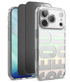 [Bundle] iPhone 18 Pro / Pro Max | Fusion Design + Privacy Protectors - Three transparent phone cases shown on smartphones against a white background, with the front case featuring large translucent pastel letters and a clear camera cutout.