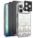[Bundle] iPhone 18 Pro / Pro Max | Fusion Design + Privacy Protectors - Three Ringke phone cases shown on a smartphone: a clear case with large pale green and white lettering, a dark gray case, and a transparent case with a black camera-ring accessory. The image is on a clean white background.