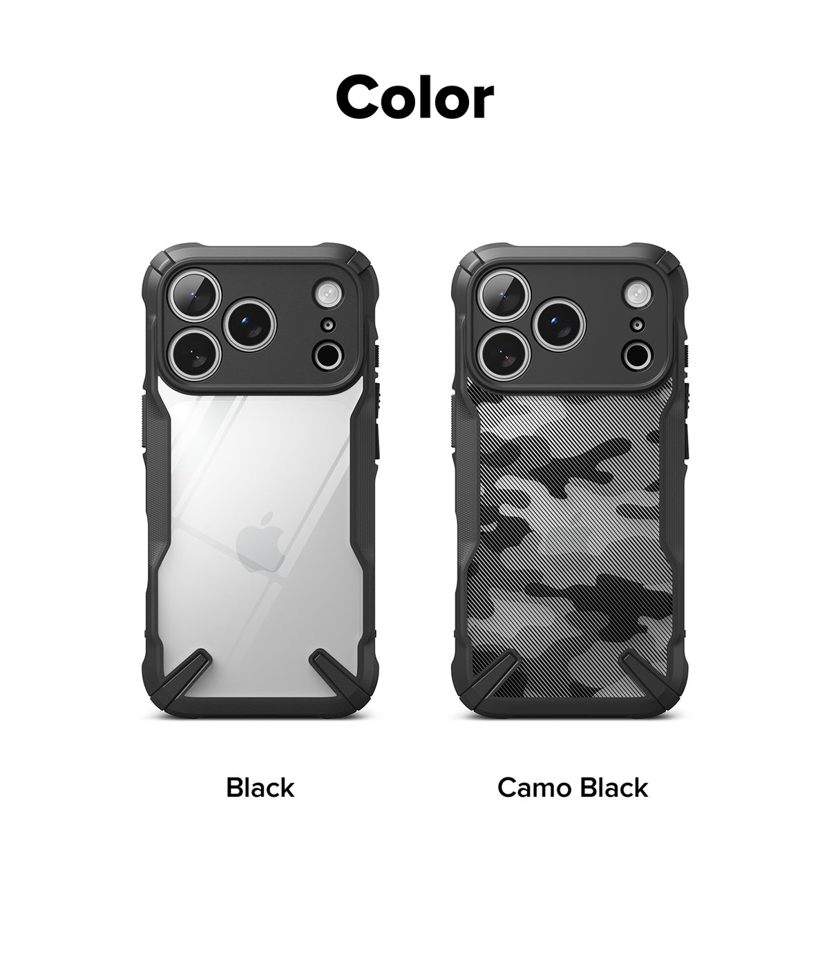 iPhone 18 Pro / Pro Max Case Fusion-X all-groups - Two phone cases shown side by side on a white background under the heading 'Color'. The left case is labeled 'Black' and has a clear back panel with a black bumper.