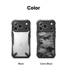 iPhone 18 Pro / Pro Max Case Fusion-X all-groups - Two phone cases shown side by side on a white background under the heading 'Color'. The left case is labeled 'Black' and has a clear back panel with a black bumper.