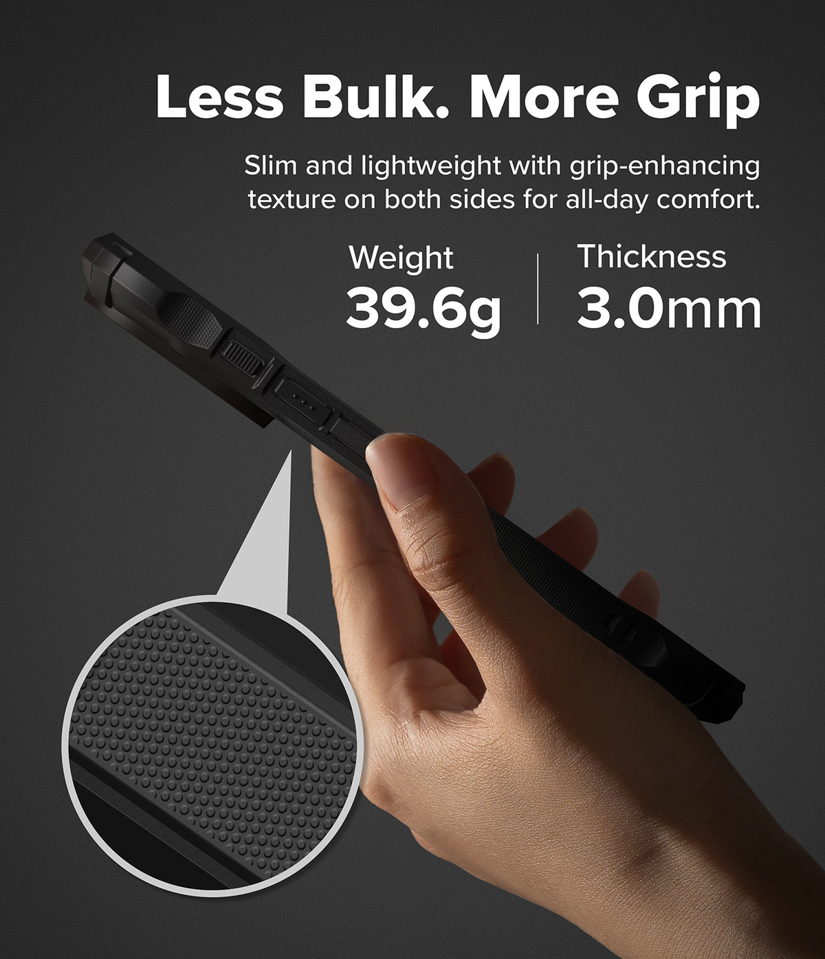 iPhone 18 Pro Max Case | Fusion-X - A hand holds a slim black smartphone case against a dark gray background, with marketing text reading 'Less Bulk. More Grip' and feature callouts for weight 36.