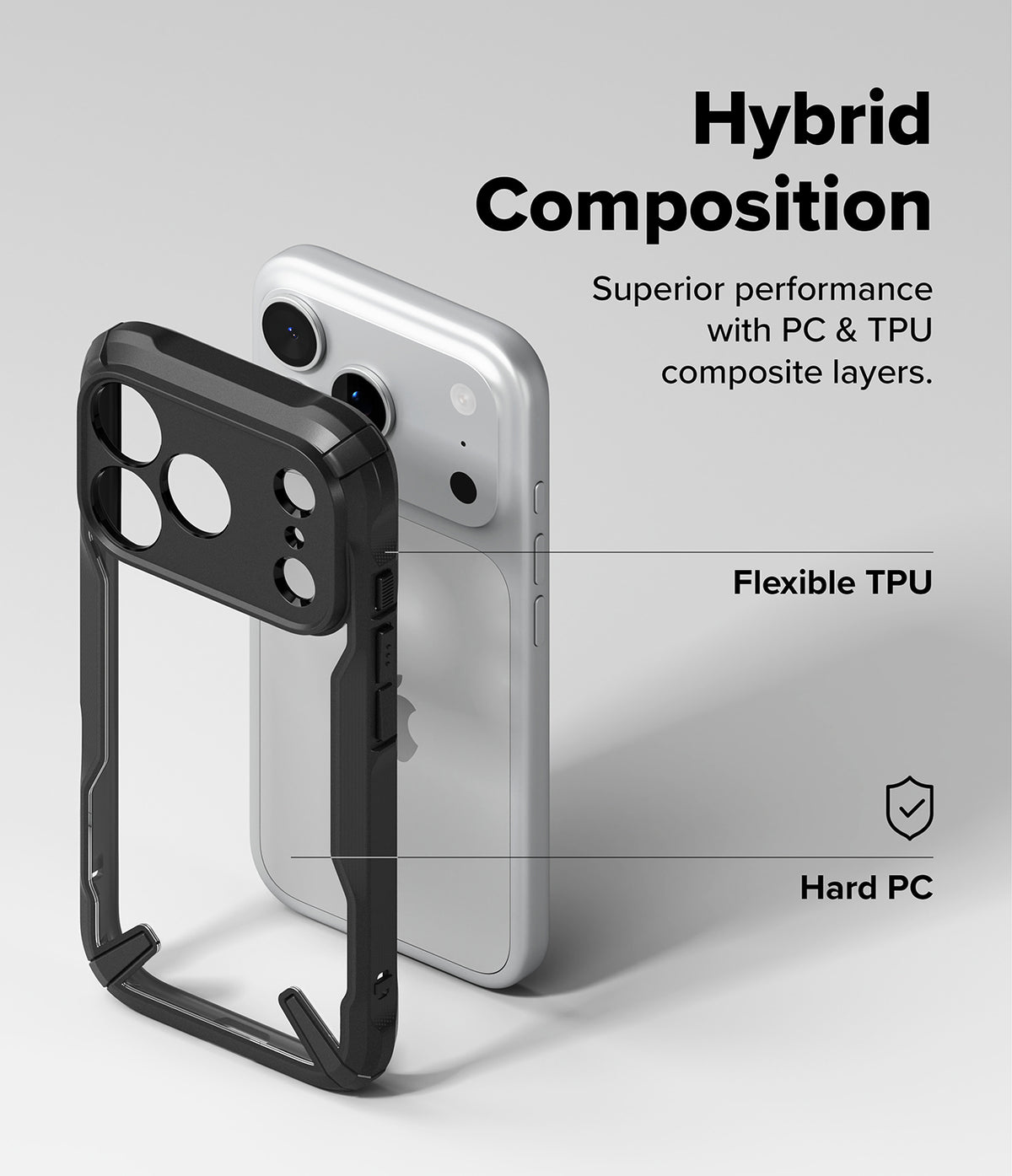 iPhone 18 Pro Max Case | Fusion-X - A black hybrid phone case with a transparent back is displayed in front of a silver smartphone on a light gray background. Text on the image highlights the case's features: 'Hybrid Composition', 'Flexible TPU', and 'Hard PC'.