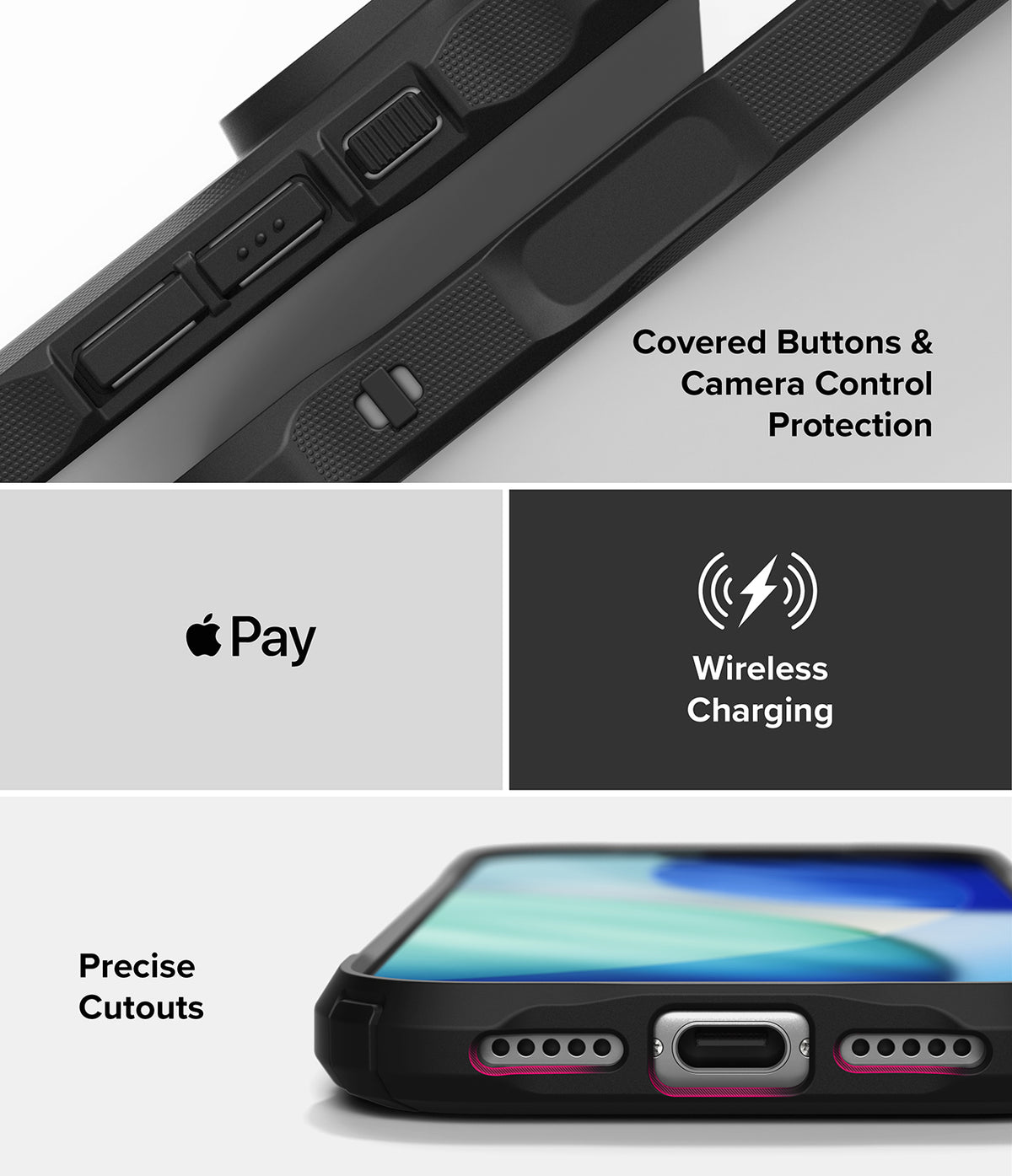 iPhone 18 Pro Max Case | Fusion-X - A black protective phone case shown in a multi-panel feature graphic. The top panel shows close-up of the side buttons and camera area with text reading 'Covered Buttons & Camera Control Protection.