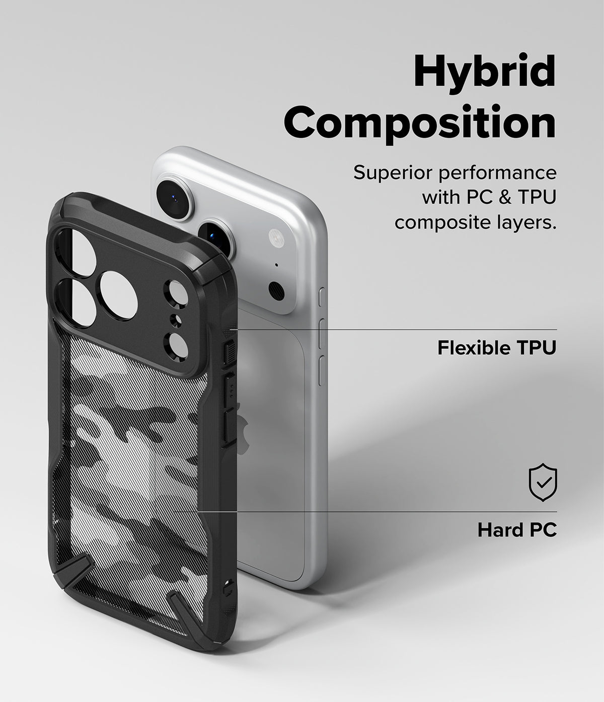 iPhone 18 Pro Max Case | Fusion-X - A black and gray camouflage hybrid phone case shown from the back, with a silver phone behind it for scale. Text on the image highlights the case's hybrid composition, flexible TPU layer, and hard PC layer.