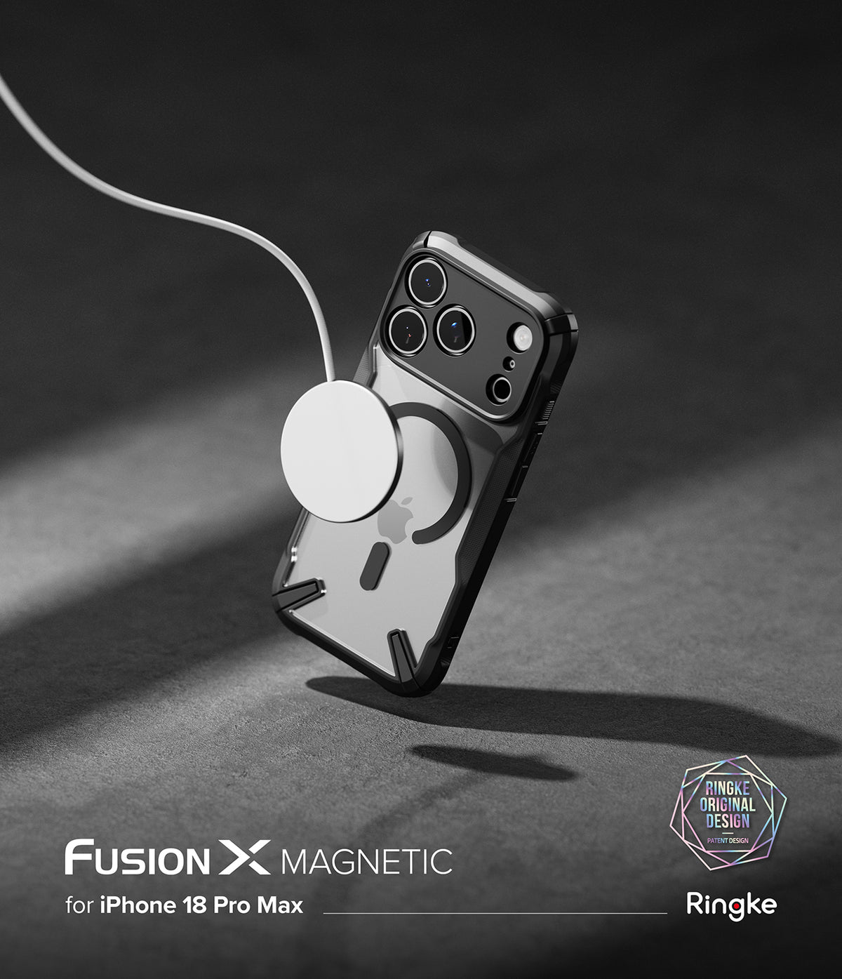 iPhone 18 Pro Max Case | Fusion-X Magnetic - A transparent magnetic phone case with a black bumper frame, shown floating on a dark gray surface with a white MagSafe ring and charging cable attached. Text at the bottom reads 'FUSION X MAGNETIC for iPhone 18 Pro Max & 17 Pro Max' with the Ringke logo.