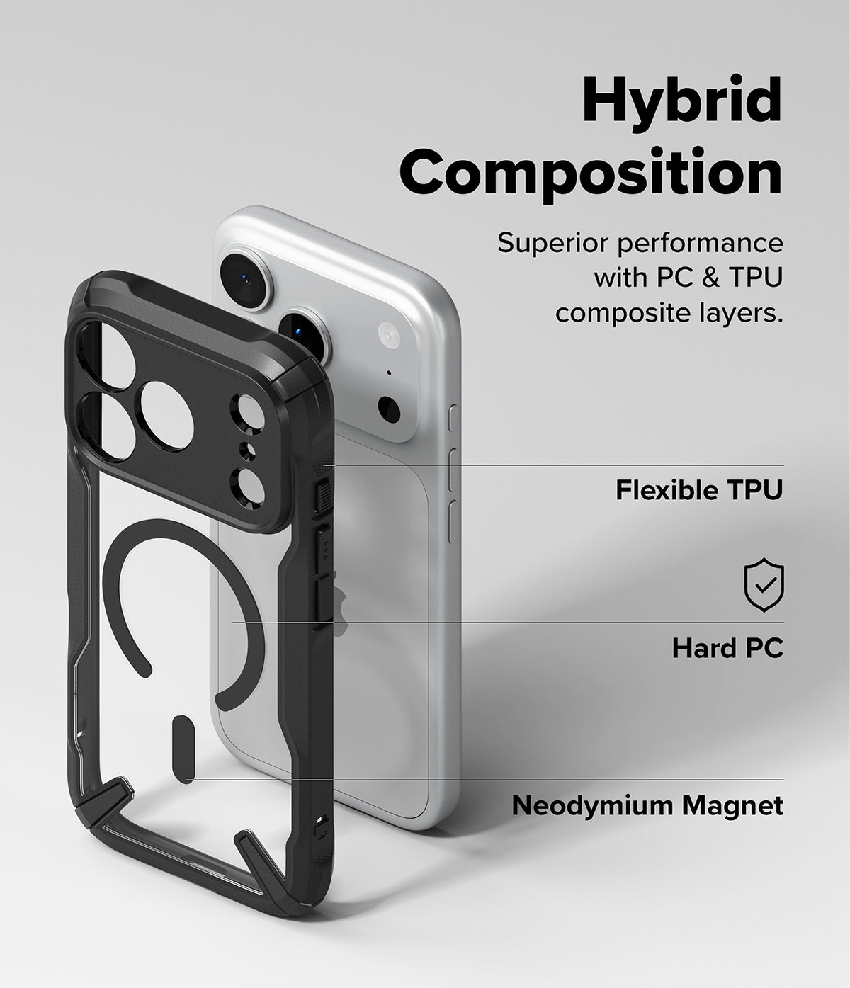 iPhone 18 Pro Max Case | Fusion-X Magnetic - A phone case product render showing a black protective bumper around a transparent back panel, with a silver phone behind it. Text on the image explains the hybrid composition, flexible TPU, hard PC, and neodymium magnet features.