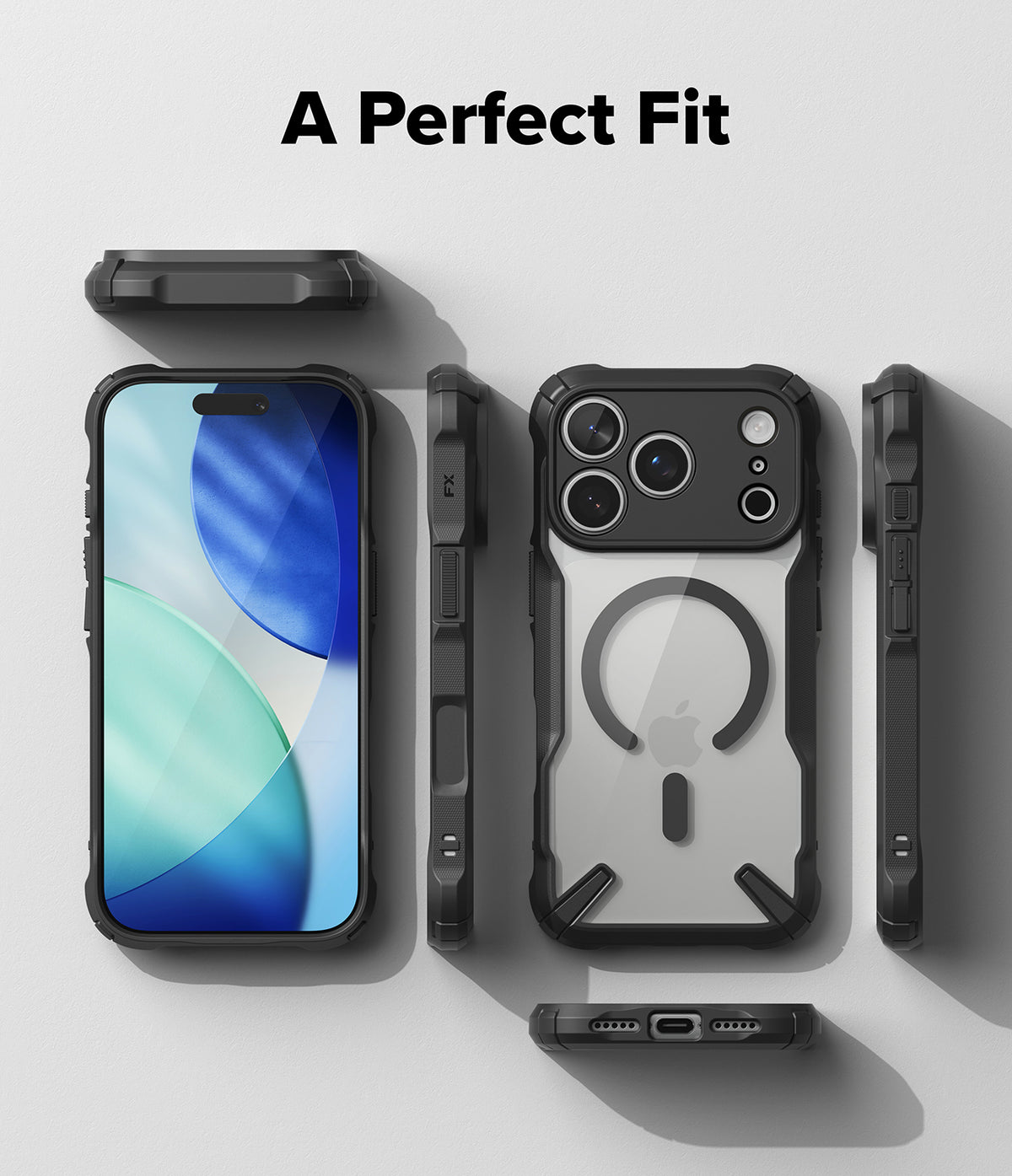 iPhone 18 Pro Max Case | Fusion-X Magnetic - A phone case shown from multiple angles on a light gray background with the text 'A Perfect Fit' at the top. The case is black and transparent, designed for a smartphone with a triple-camera cutout and MagSafe ring.