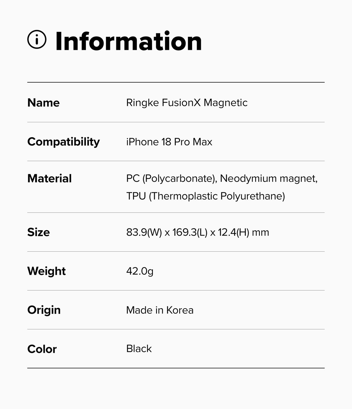 iPhone 18 Pro Max Case | Fusion-X Magnetic - Product information card for Ringke Fusion Magnetic case with specifications.
