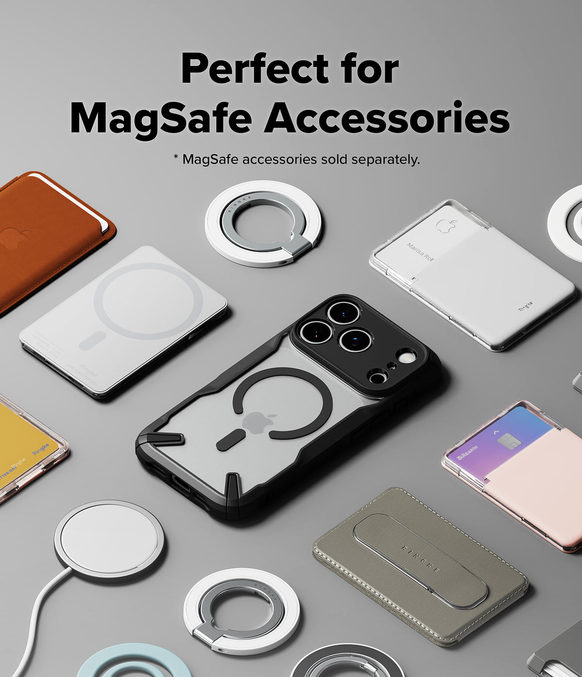 iPhone 18 Pro Max Case | Fusion-X Magnetic - A clear MagSafe-compatible phone case with a black bumper and MagSafe ring, shown among other MagSafe accessories on a light gray background. Text at the top reads 'Perfect for MagSafe Accessories' with a note that MagSafe accessories are sold separately.