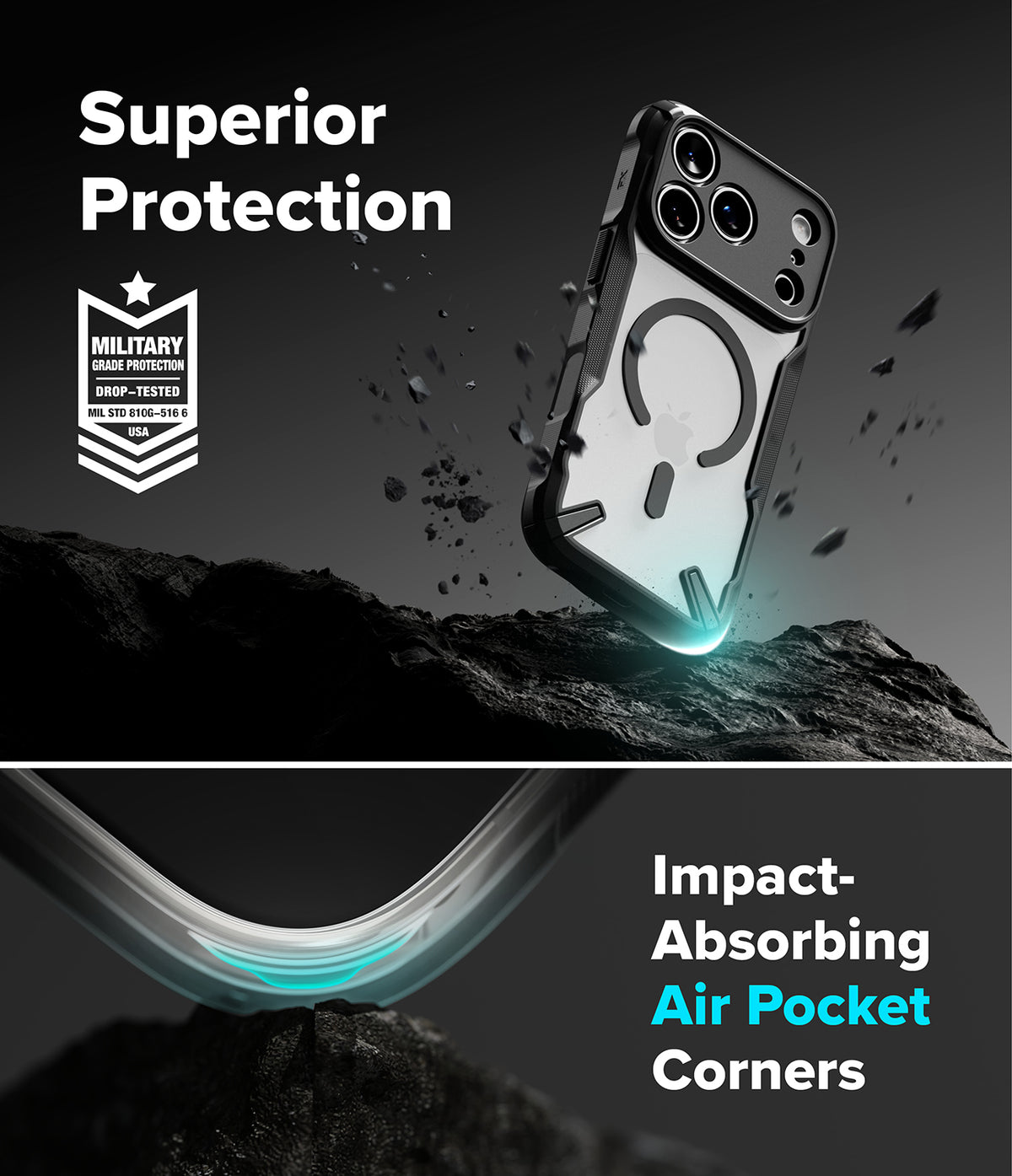 iPhone 18 Pro Max Case | Fusion-X Magnetic - A clear protective phone case with a black MagSafe ring is shown floating above dark rocks in a dramatic promotional graphic. Text reads 'Superior Protection' with a military drop-test badge, and the lower section says 'Impact-Absorbing Air Pocket Corners' with a close-up of the curved transparent corner.