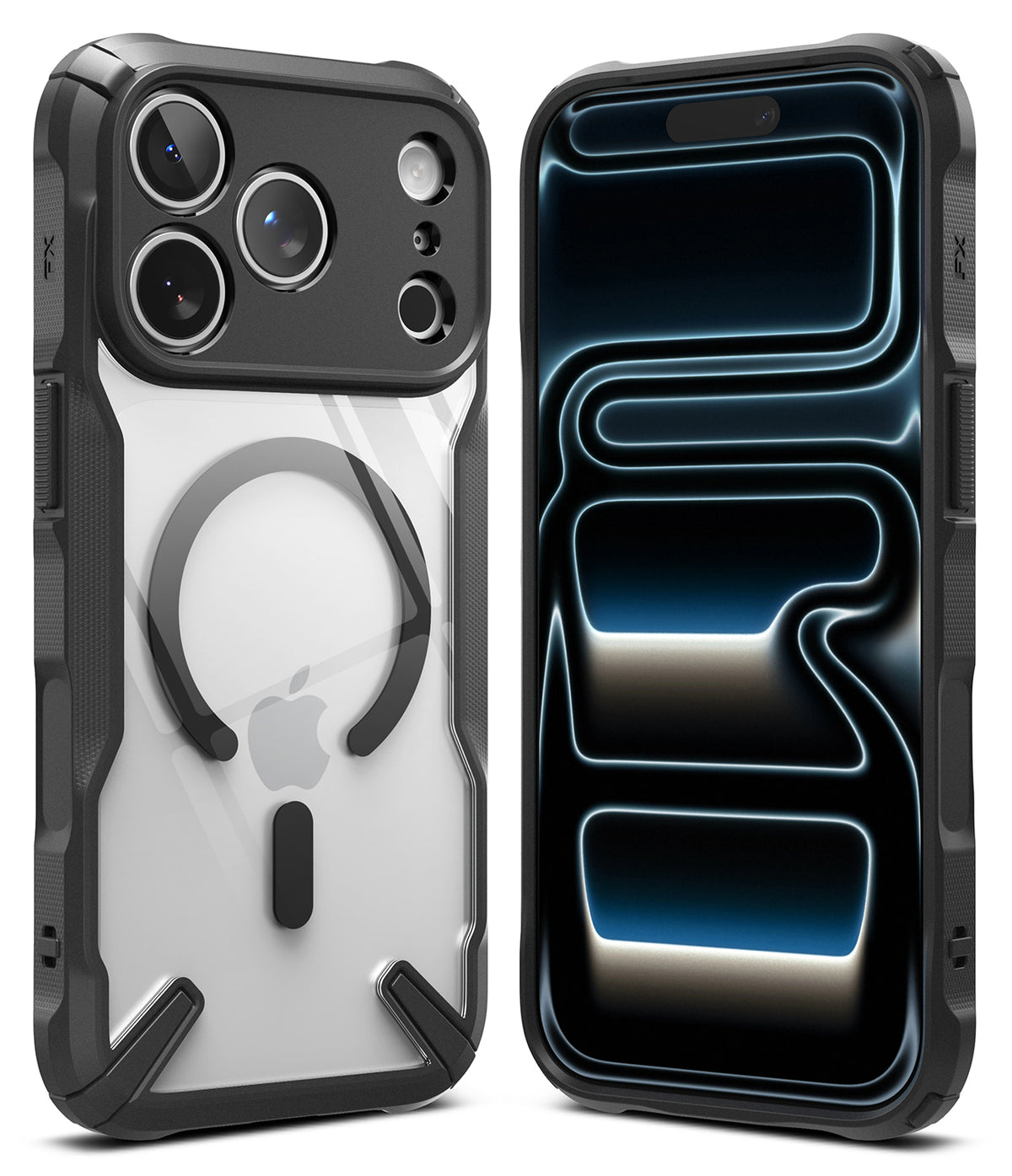iPhone 18 Pro Max Case | Fusion-X Magnetic - Two views of a rugged transparent phone case with a black bumper frame, shown on a white background. One view shows the back with a MagSafe ring and camera cutouts, and the other shows the front with a black screen protector featuring a blue glowing abstract pattern.
