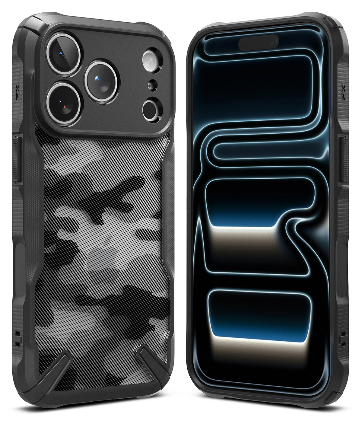 iPhone 18 Pro Max Case | Fusion-X - Two views of a rugged black phone case on a white background. The left case shows a gray and black camouflage pattern on the back, and the right case shows a dark interior with glowing blue light accents.