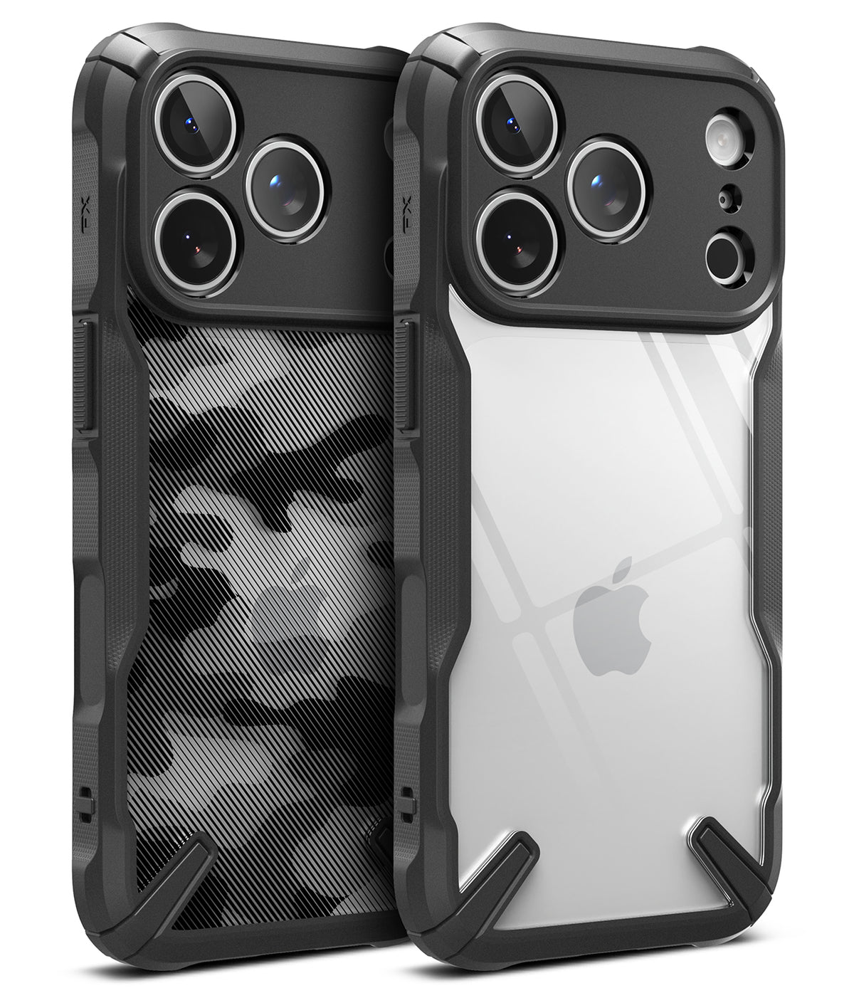 iPhone 18 Pro Max Case | Fusion-X - Two rugged phone cases shown side by side on a white background. The left case has a black and gray camouflage pattern on the back, while the right case is clear with a black bumper and camera surround.