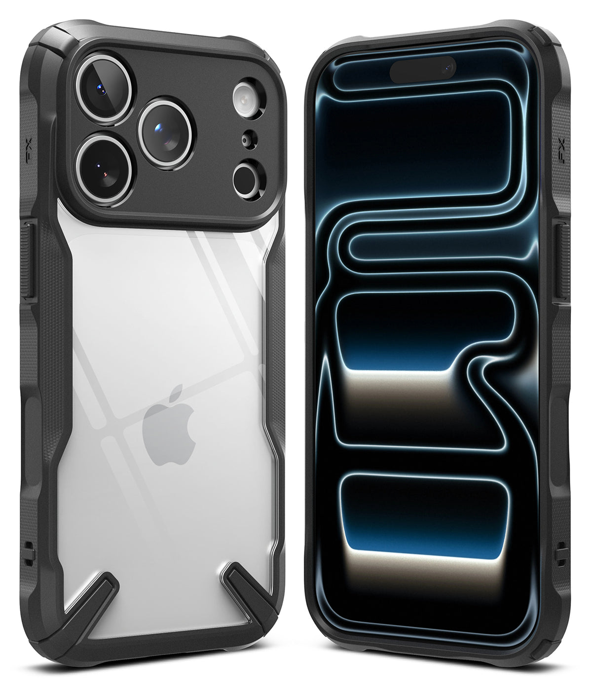 iPhone 18 Pro Max Case | Fusion-X - Two views of a rugged protective phone case on an iPhone: the back view shows a clear back panel with a black bumper and camera surround, and the front view shows a black front bumper with a blue and black abstract patterned design.