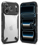 iPhone 18 Pro Max Case | Fusion-X - Two views of a rugged protective phone case on an iPhone: the back view shows a clear back panel with a black bumper and camera surround, and the front view shows a black front bumper with a blue and black abstract patterned design.