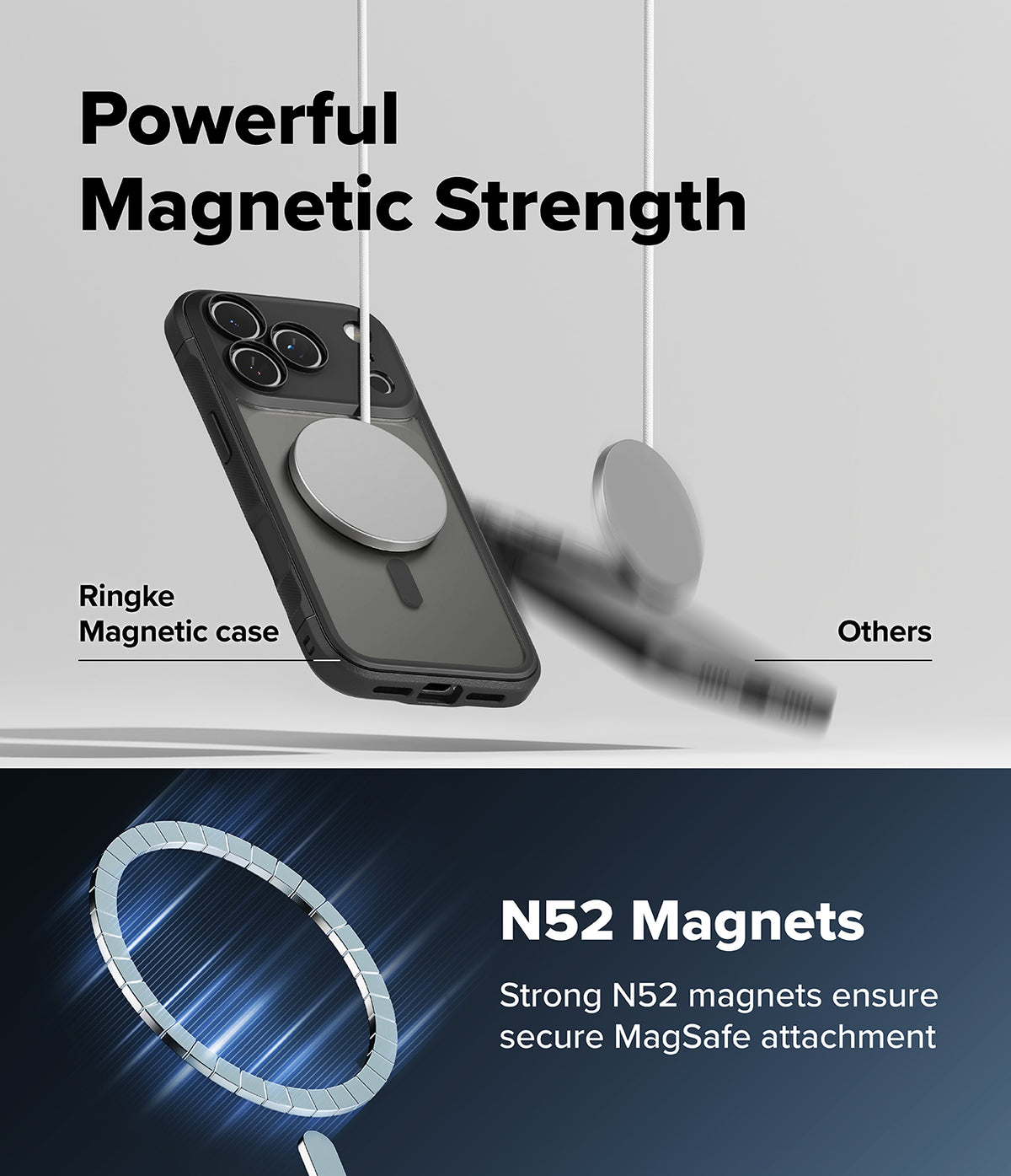 iPhone 18 Pro / Pro Max Case Fusion Bold Magnetic Matte all-groups - Promotional graphic for a magnetic phone case showing a black Ringke magnetic case with a MagSafe ring, alongside blurred generic magnets to demonstrate magnetic strength. Text reads 'Powerful Magnetic Strength' and 'N52 Magnets Strong N52 magnets ensure secure MagSafe attachment'.