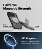 iPhone 18 Pro / Pro Max Case Fusion Bold Magnetic Matte all-groups - Promotional graphic for a magnetic phone case showing a black Ringke magnetic case with a MagSafe ring, alongside blurred generic magnets to demonstrate magnetic strength. Text reads 'Powerful Magnetic Strength' and 'N52 Magnets Strong N52 magnets ensure secure MagSafe attachment'.