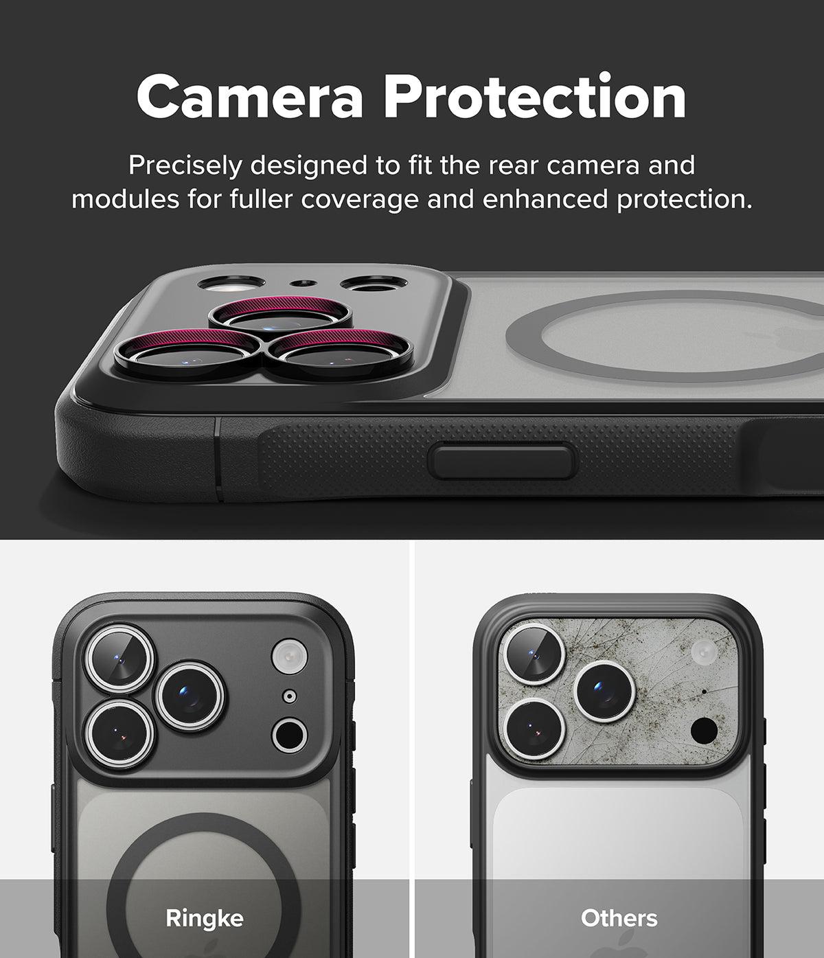 iPhone 18 Pro / Pro Max Case Fusion Bold Magnetic Matte all-groups - A promotional graphic for a phone camera protection case. The top section shows a close-up of a black camera protection frame fitted over a phone's rear camera area, with text reading 'Camera Protection.