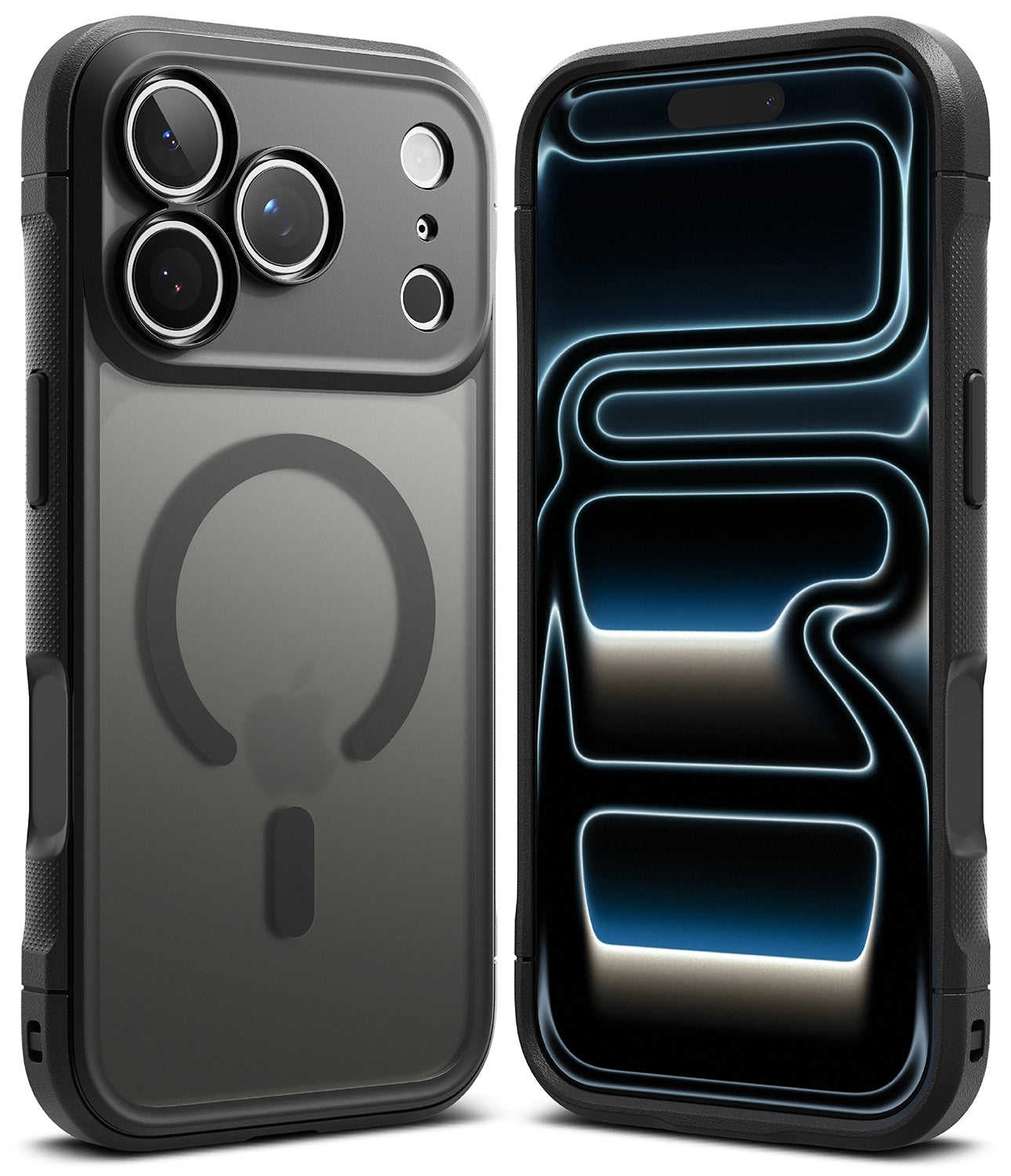 iPhone 18 Pro Max Case | Fusion Bold Magnetic Matte - Two views of a rugged black protective phone case on a white background. The left view shows the back of the case with a MagSafe-compatible circular ring and camera cutouts.