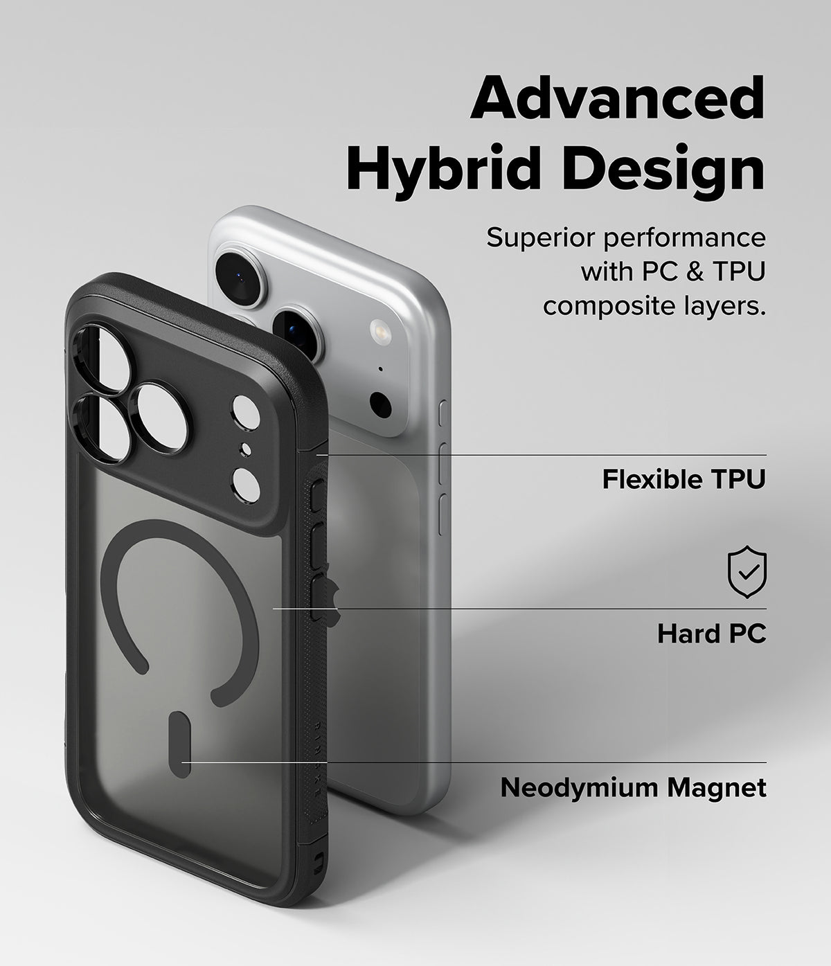 iPhone 18 Pro Max Case | Fusion Bold Magnetic Matte - A phone case shown from the back in a studio-style render on a light gray background, with overlaid text reading 'Advanced Hybrid Design' and callouts for Flexible TPU, Hard PC, and Neodymium Magnet. A silver phone is partially visible behind the case to demonstrate fit.