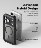 iPhone 18 Pro Max Case | Fusion Bold Magnetic Matte - A phone case shown from the back in a studio-style render on a light gray background, with overlaid text reading 'Advanced Hybrid Design' and callouts for Flexible TPU, Hard PC, and Neodymium Magnet. A silver phone is partially visible behind the case to demonstrate fit.