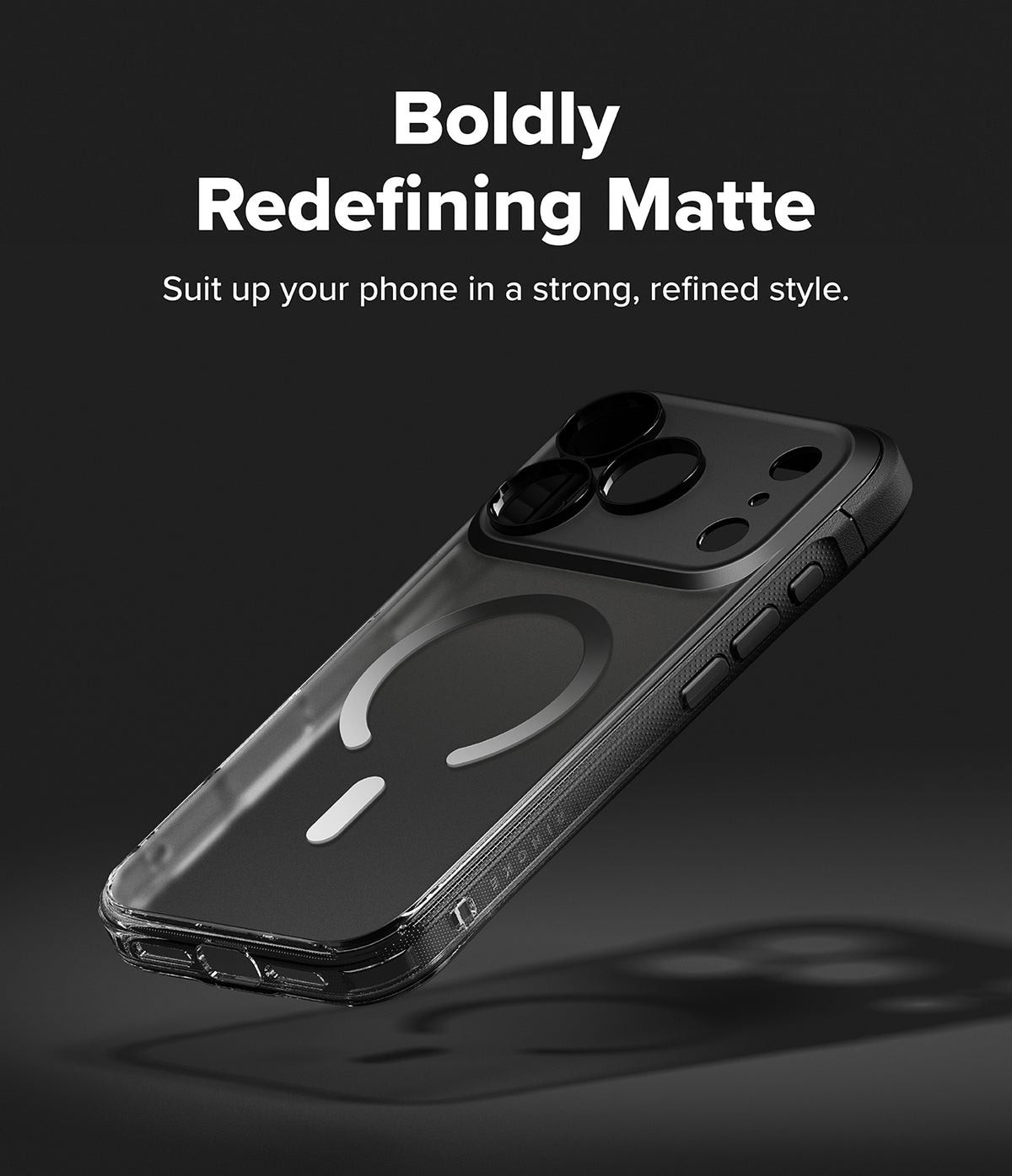 iPhone 18 Pro Max Case | Fusion Bold Magnetic Matte - A clear matte phone case with a black camera ring and MagSafe-compatible circular magnet, shown floating at an angle on a dark gray background with promotional text at the top.