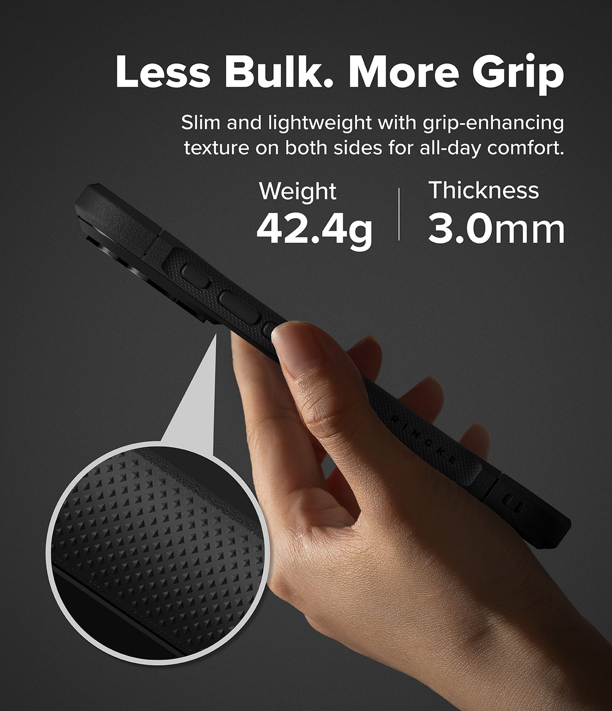 iPhone 18 Pro Max Case | Fusion Bold Magnetic Matte - A hand holds a black rugged smartphone case against a dark gray background, with marketing text reading 'Less Bulk. More Grip' and specs 'Weight 42.