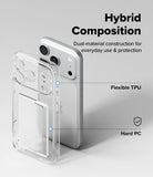iPhone 18 Pro Max Case | Fusion Card - Clear hybrid phone case shown on a silver smartphone, with text callouts reading 'Hybrid Composition,' 'Flexible TPU,' and 'Hard PC' on a light gray background.