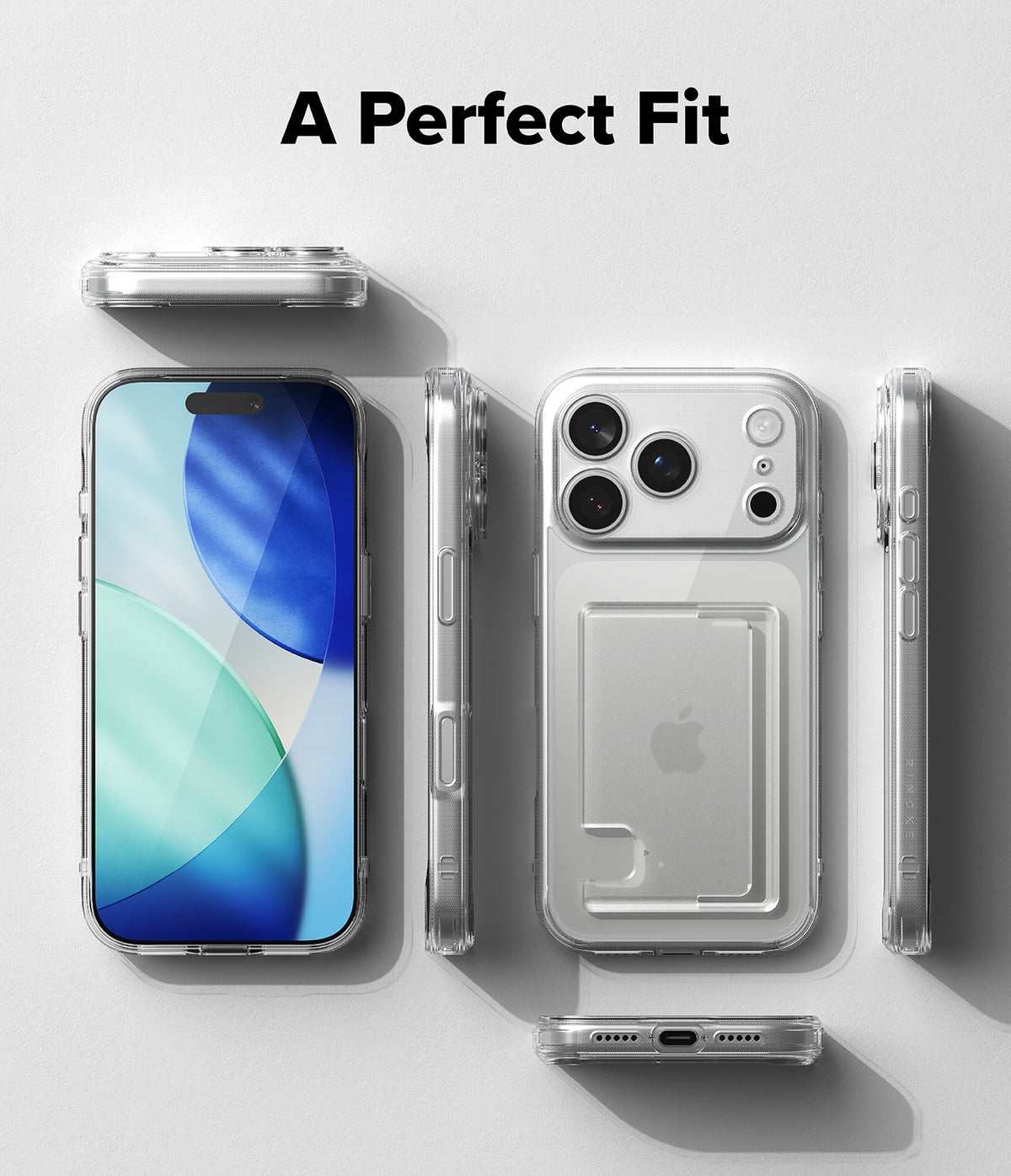 iPhone 18 Pro Max Case | Fusion Card - A clear protective phone case shown from multiple angles on a light gray background, with a smartphone inside and the case fitted around the phone. The text 'A Perfect Fit' appears at the top.