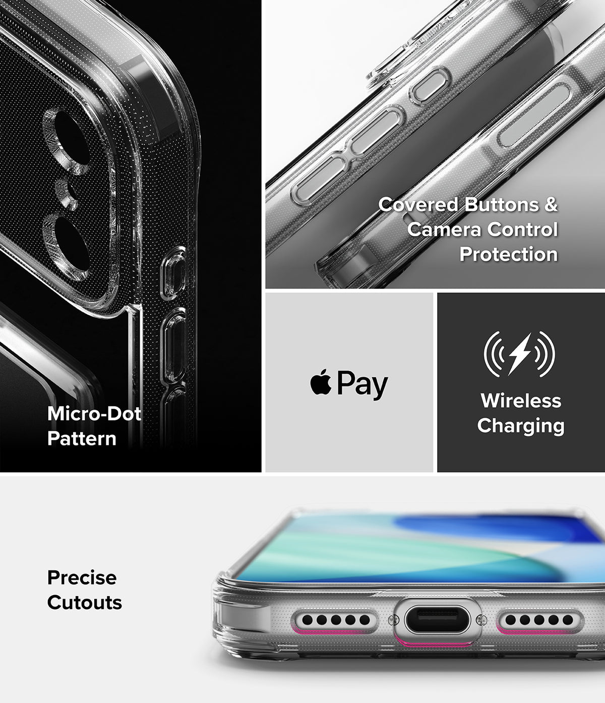 iPhone 18 Pro Max Case | Fusion Card - Transparent protective phone case shown in a four-panel infographic highlighting features: a close-up of the camera cutout with a black textured ring, covered buttons and camera control protection, wireless charging compatibility, and precise cutouts for the charging port and speaker holes.