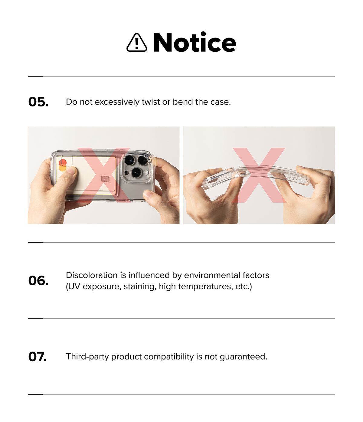 iPhone 18 Pro Max Case | Fusion Card - A printed notice sheet with text and two small demonstration photos showing a clear phone case. The notice says not to excessively twist or bend the case and mentions that discoloration is influenced by environmental factors, with a warning that third-party product compatibility is not guaranteed.