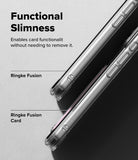 iPhone 18 Pro Max Case | Fusion Card - Promotional graphic for the Ringke Fusion card case, showing a slim transparent phone case fitted over a silver smartphone, with text reading 'Functional Slimness' and 'Ringke Fusion Card'.