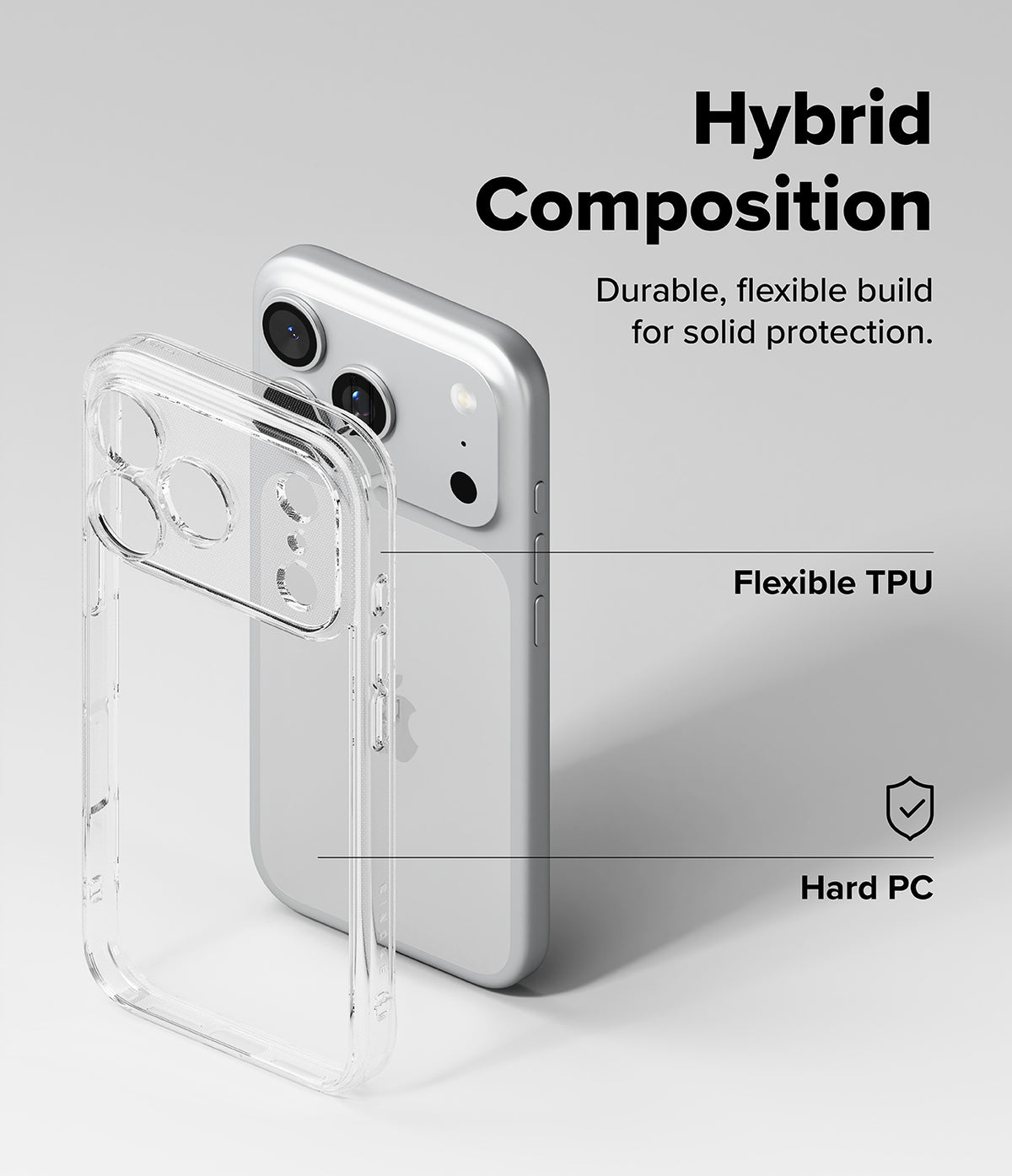 iPhone 18 Pro Max Case | Fusion - Clear hybrid phone case shown beside a silver smartphone on a light gray background, with text reading 'Hybrid Composition' and callouts for 'Flexible TPU' and 'Hard PC'.