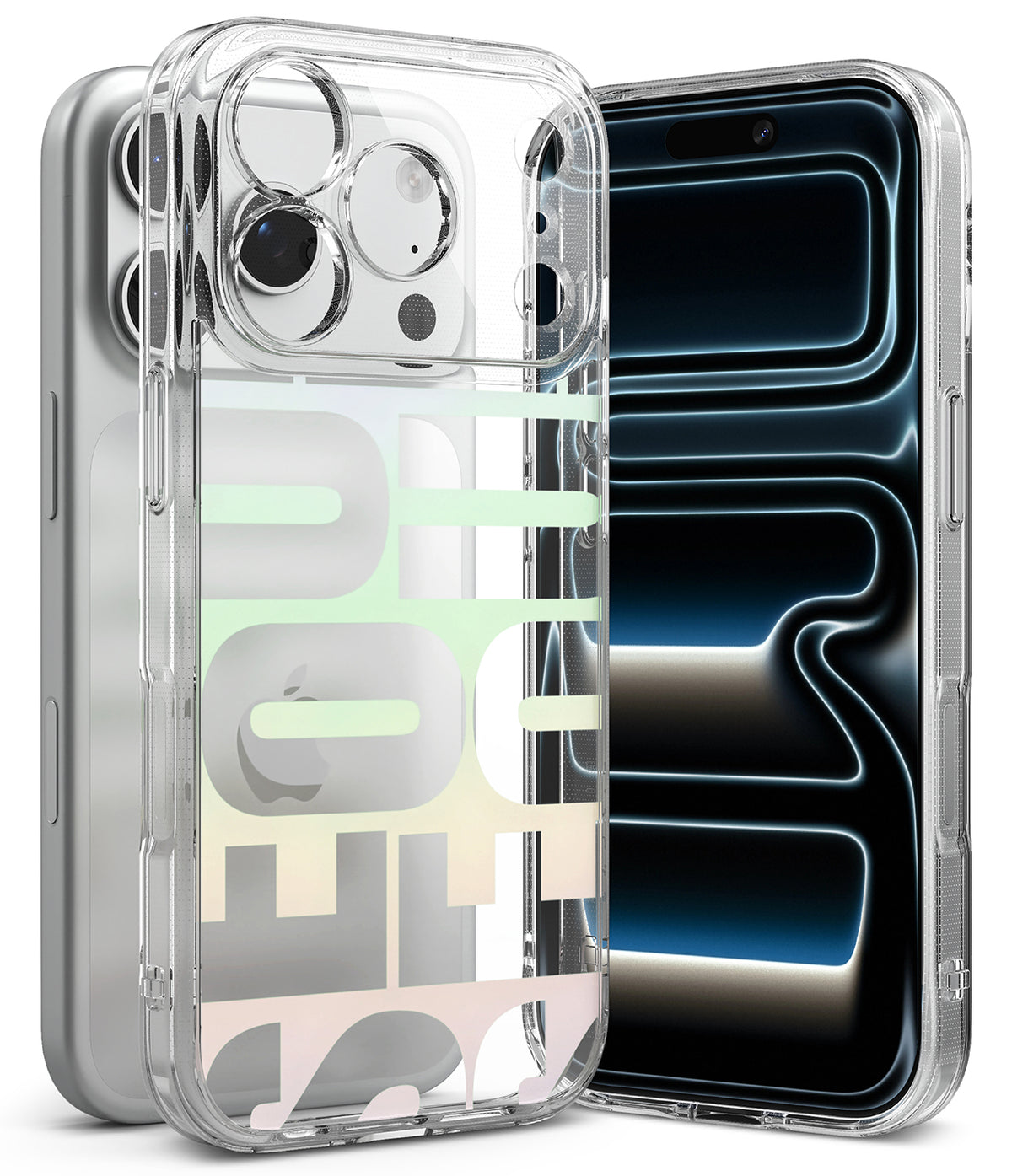 iPhone 18 Pro Max Case | Fusion Design - A clear protective phone case with a translucent design and large stylized lettering, shown on a silver smartphone. A second view of the same phone appears behind it, displaying a dark blue and black wallpaper.