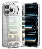 iPhone 18 Pro Max Case | Fusion Design - A clear protective phone case with a translucent design and large stylized lettering, shown on a silver smartphone. A second view of the same phone appears behind it, displaying a dark blue and black wallpaper.