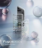 iPhone 18 Pro Max Case | Fusion Design - Three transparent phone cases with colorful geometric lettering designs are displayed on a silver smartphone, set against a reflective light blue background with floating glass spheres. Text at the bottom reads 'FUSION DESIGN for iPhone 18 Pro Max & 17 Pro Max' and 'Ringke'.