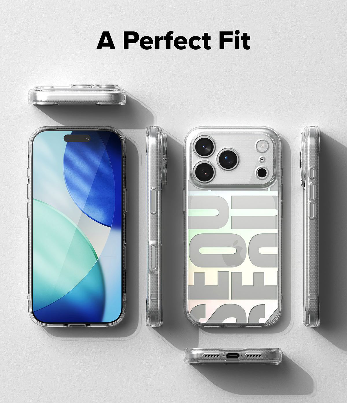 iPhone 18 Pro Max Case | Fusion Design - A clear phone case shown from multiple angles on a light gray background, with a smartphone inside and the text 'A Perfect Fit' at the top. The case has a transparent body with a large gray and white graphic on the back.