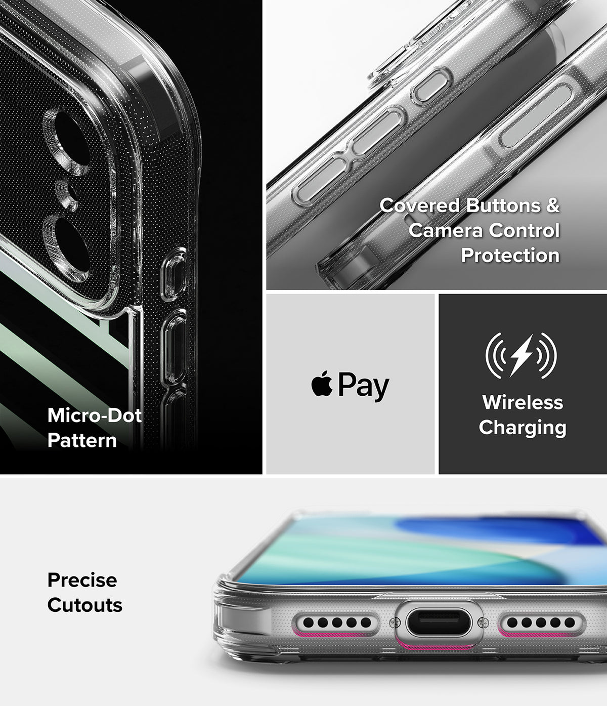 iPhone 18 Pro Max Case | Fusion Design - A clear protective phone case shown in a four-panel collage highlighting features: a close-up of the camera and micro-dot pattern, covered buttons and camera control protection, wireless charging compatibility, and precise cutouts.