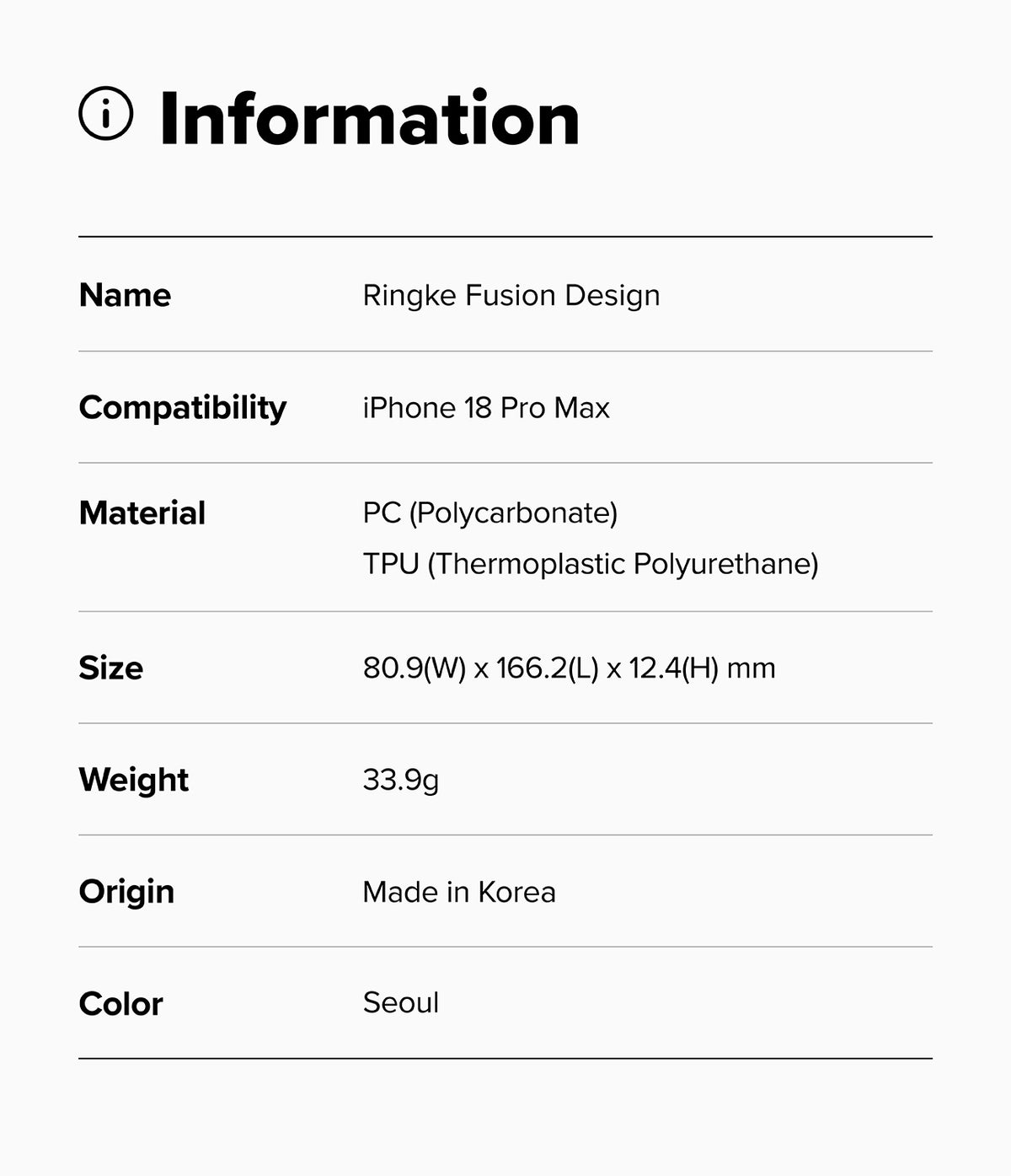 iPhone 18 Pro Max Case | Fusion Design - Product information card for Ringke Fusion Bold Magnetic case with specifications.