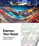 iPhone 18 Pro Max Case | Fusion Design - A promotional graphic for a glossy holographic gradient design featuring a nighttime cityscape of Seoul with illuminated buildings and light trails, alongside large text reading 'Express Your Seoul' and a partial preview of the gradient design on the right.