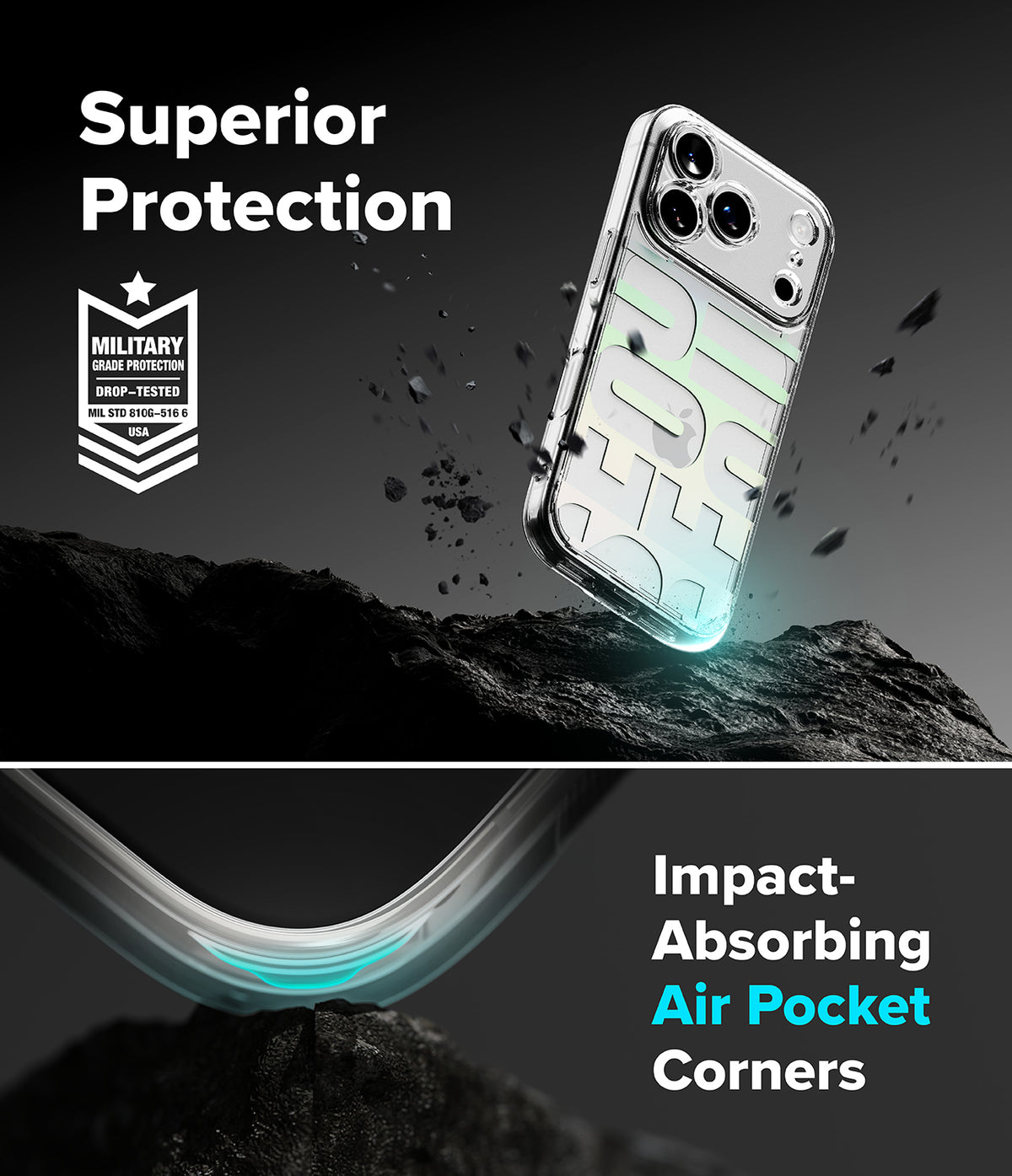 iPhone 18 Pro Max Case | Fusion Design - A clear protective phone case shown on a smartphone, with marketing text reading 'Superior Protection' and 'Impact-Absorbing Air Pocket Corners.' The design includes a military impact-absorbing badge and a dramatic dark background with floating debris and a curved transparent corner detail.
