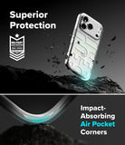 iPhone 18 Pro Max Case | Fusion Design - A clear protective phone case shown on a smartphone, with marketing text reading 'Superior Protection' and 'Impact-Absorbing Air Pocket Corners.' The design includes a military impact-absorbing badge and a dramatic dark background with floating debris and a curved transparent corner detail.