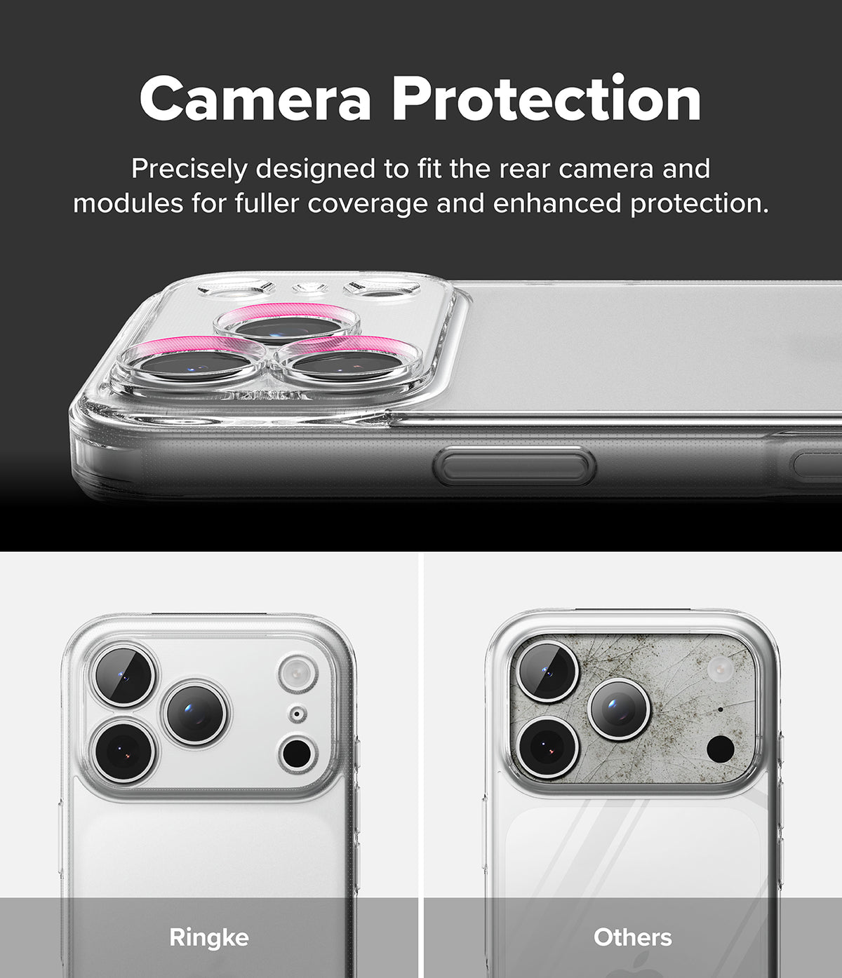 iPhone 18 Pro Max Case | Fusion Matte -Promotional graphic for a clear camera protection case shown on a smartphone. The top section has a dark background with the text 'Camera Protection' and a close-up of the case around the rear camera, highlighted with a pink ring.
