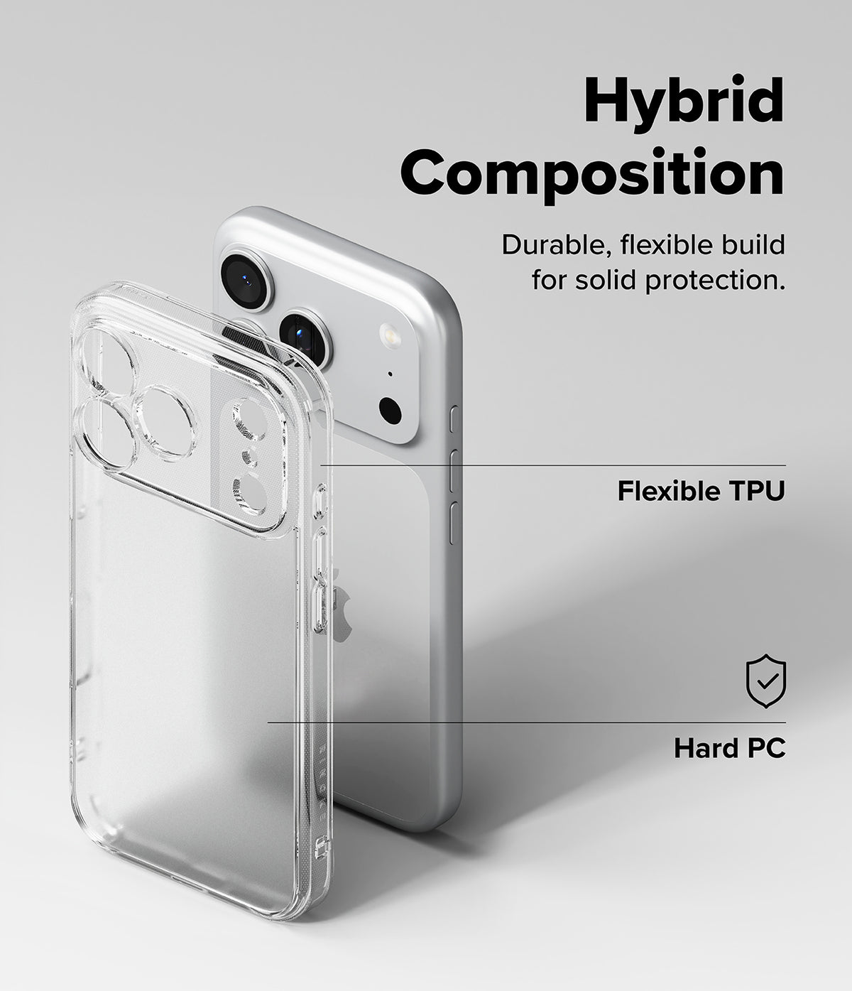 iPhone 18 Pro Max Case | Fusion Matte - Transparent hybrid phone case shown over a silver smartphone on a light gray background, with text reading 'Hybrid Composition' and callouts for 'Flexible TPU' and 'Hard PC'.